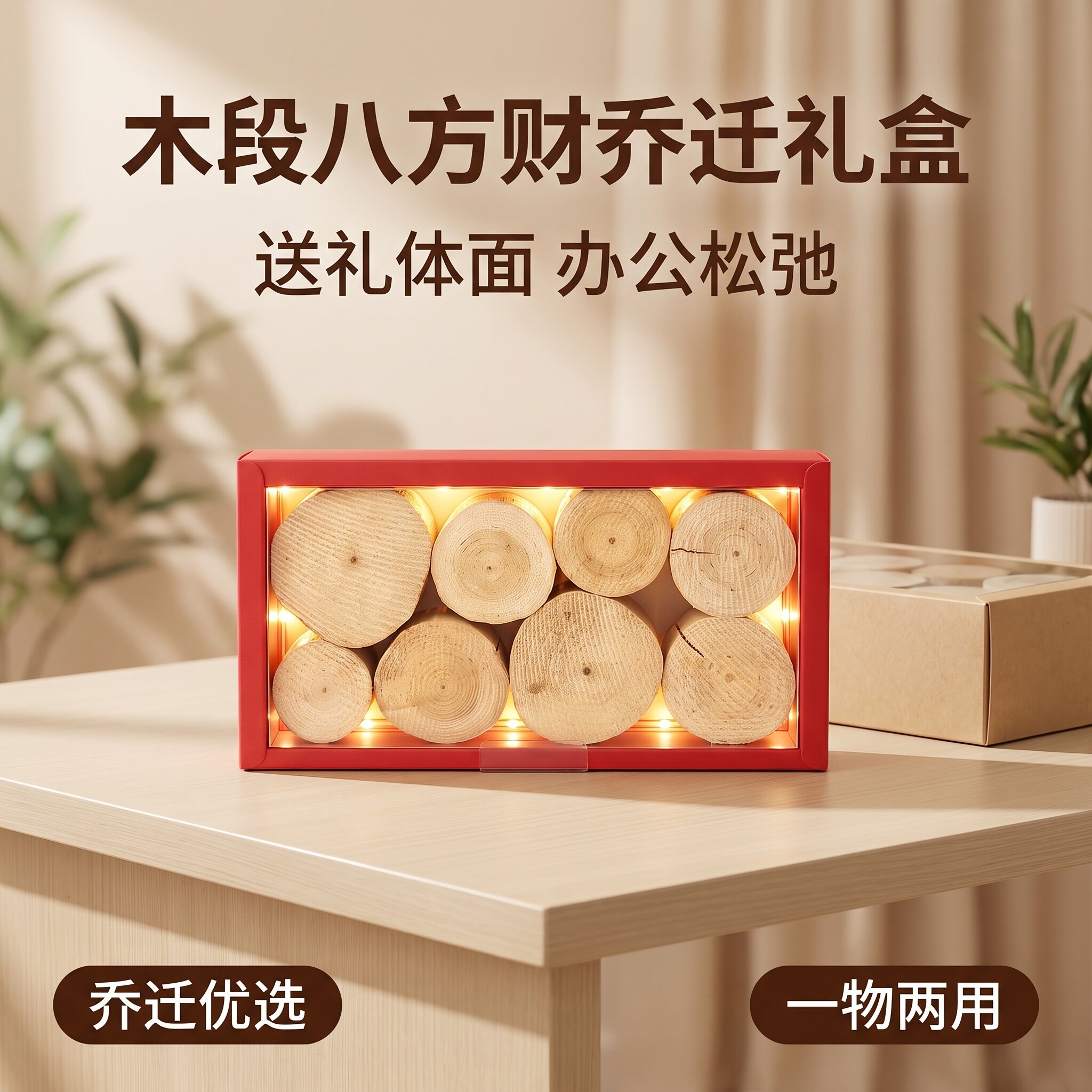 木段八方财乔迁礼盒装饰喜庆摆件