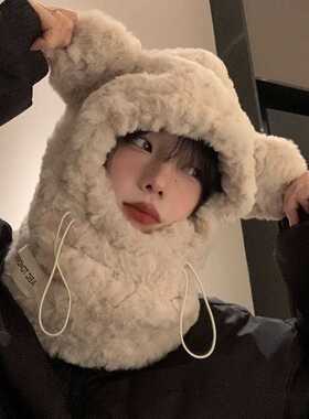 冬款可爱加厚毛绒小熊帽子女围巾一体保暖护耳帽骑车防寒潮雷锋帽