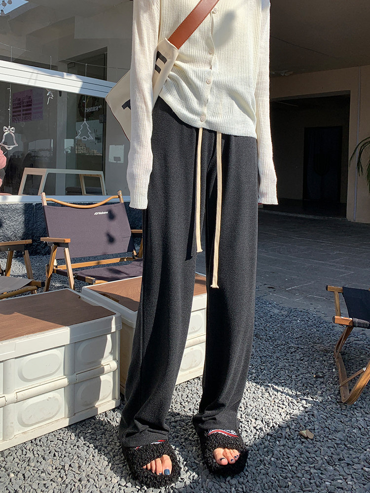 DE RONG WIDE-LEG PANTS WOMENS SPRING HIGH-WAISTED DRAPE LAZY WIND GLUTINOUS RICE PANTS SLIGHTLY CHUBBY MM STRAIGHT-LEG CASUAL MOPPING KNIT PANTS