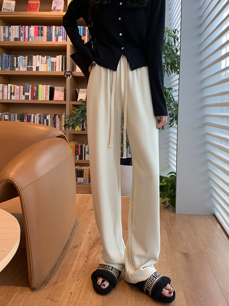 DE RONG WIDE-LEG PANTS WOMENS SPRING HIGH-WAISTED DRAPE LAZY WIND GLUTINOUS RICE PANTS SLIGHTLY CHUBBY MM STRAIGHT-LEG CASUAL MOPPING KNIT PANTS