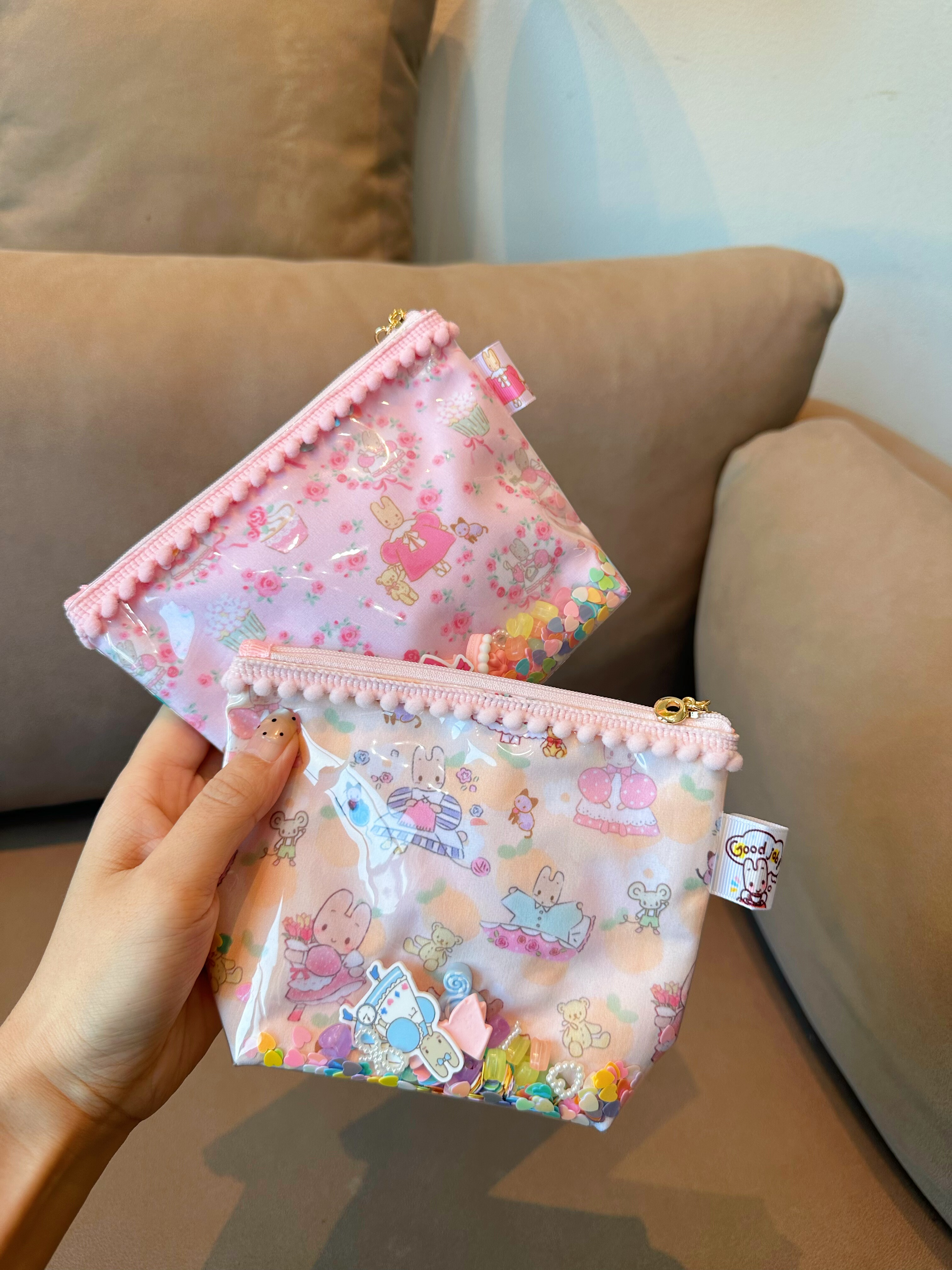 可爱茉莉兔印花棉布透明TPU流沙化妆包口红收纳袋日常搭配收纳包,收纳整理,化妆包,淘宝优惠券,粉丝福利购,淘宝优惠卷