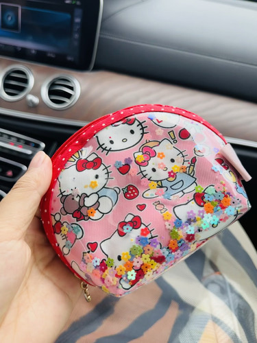 日系可爱Hellokitty棉布化妆包透明流沙杂物收纳袋零钱包