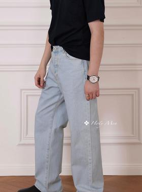 HolyMen意大利BERTO直筒中腰riri拉链浅蓝水洗14.5oz牛仔长裤