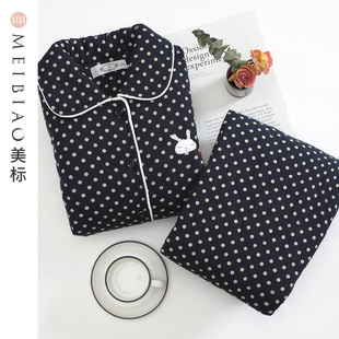 美标秋冬女士夹棉睡衣三层加厚保暖纯棉套装波点卡通家居服可外穿
