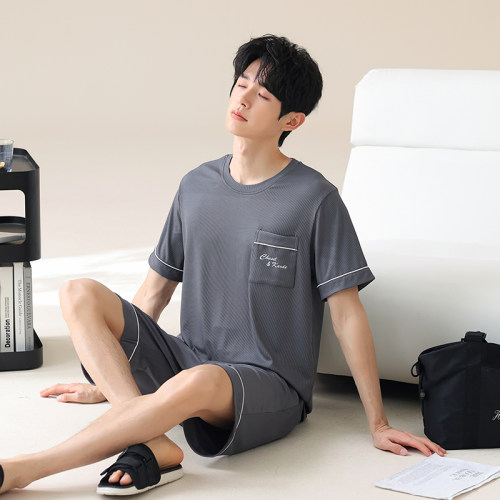 螺纹冰丝凉感睡衣男士夏季薄款短袖短裤套装夏天休闲可外穿家居服