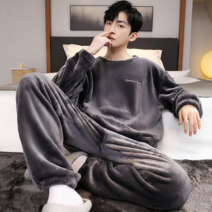宽松冬天家居服 5XL加大码 珊瑚绒睡衣男秋冬季 加绒保暖法兰绒套装