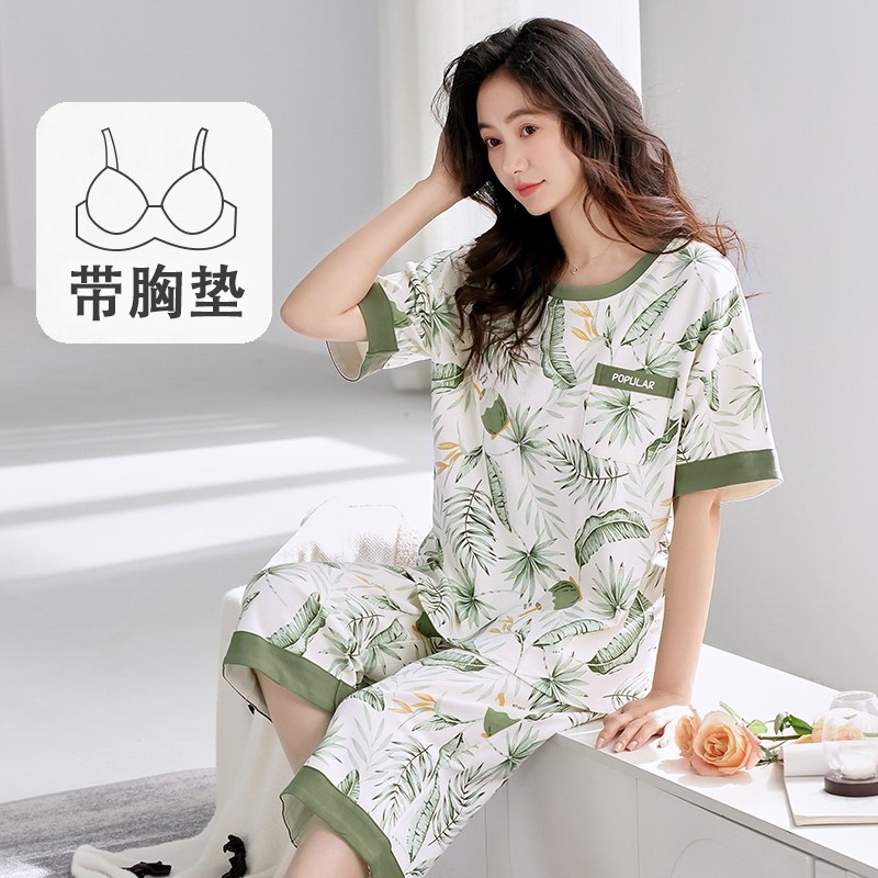 自带胸垫一体睡衣女夏季短袖七分裤甜美花卉春夏天女士家居服套装