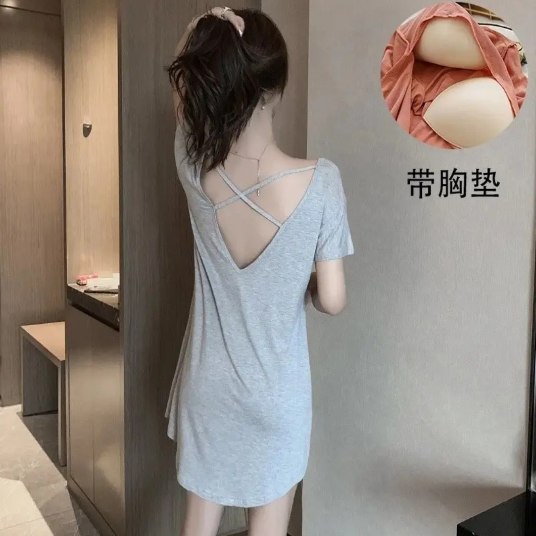 带胸垫莫代尔睡裙女夏季短袖中裙薄款性感交叉露背睡衣网红家居服