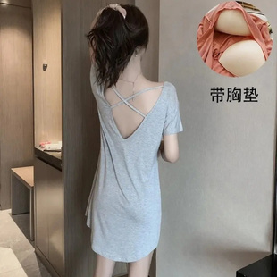 性感交叉露背睡衣网红家居服 中裙薄款 带胸垫莫代尔睡裙女夏季 短袖