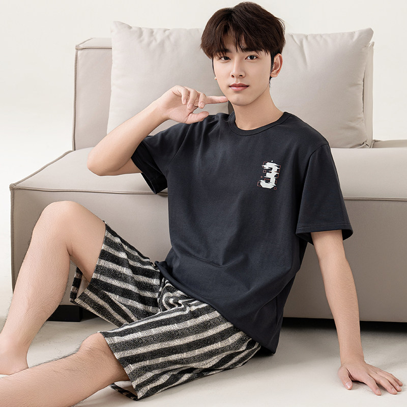 男士睡衣夏季短袖短裤简约宽松夏天舒适棉男式青少年家居服加大码