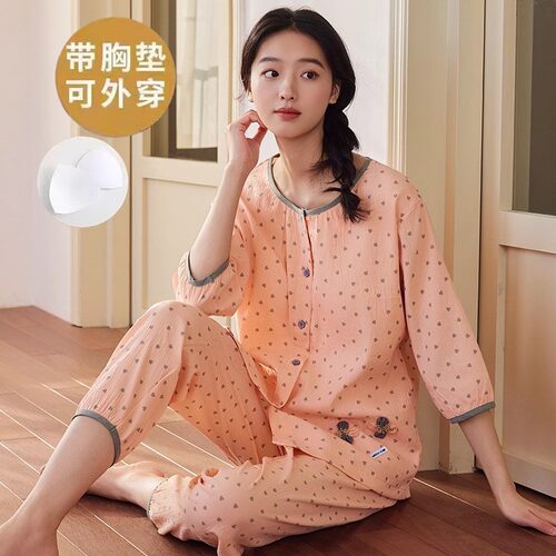 夏季七分袖睡衣云朵棉开衫带胸垫
