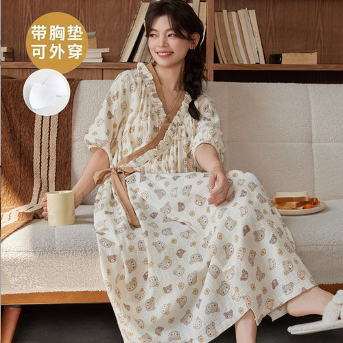自带胸垫一体长款和服睡裙女夏季云朵棉短袖睡衣夏天家居服可外穿