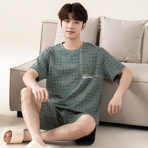 睡衣男夏季短袖短裤简约宽松套装透气舒适棉夏天男士加大码家居服
