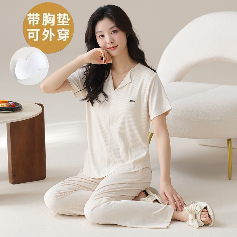 自带胸垫一体夏季冰丝睡衣女士短袖长裤家居服夏天薄款可外穿套装