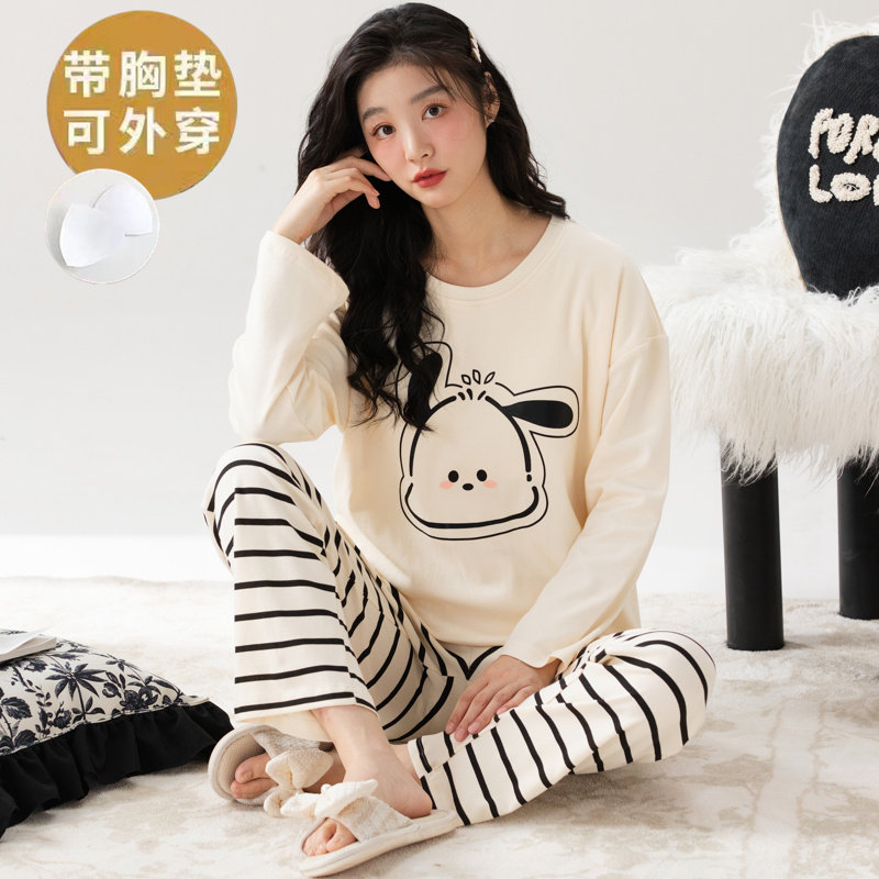 2026秋季带胸垫睡衣女士长袖圆领卡通条纹青少年家居服套装可外穿