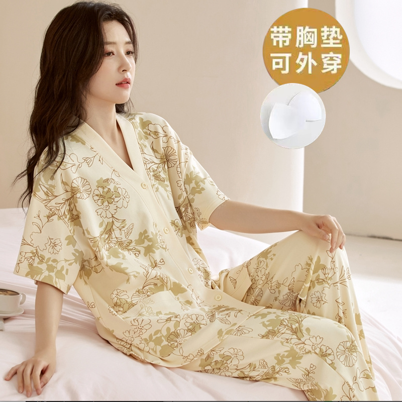 睡衣女夏季开衫短袖长裤免文胸自带胸垫一体韩版可外穿家居服套装