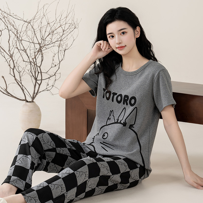 夏季卡通龙猫睡衣女士短袖长裤棉夏天薄款女生加肥大码家居服套装