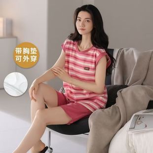 条纹家居服外穿 带胸垫一体无袖 睡衣女士夏季 背心短裤 休闲坎肩套装