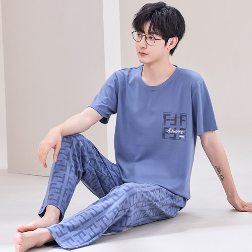 男士睡衣夏季纯棉简约短袖长裤