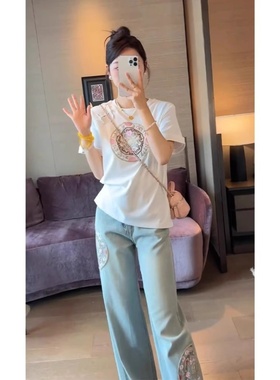 LILY MOST新中式国风夏季女装洋气时尚白色短袖t恤牛仔裤两件套装