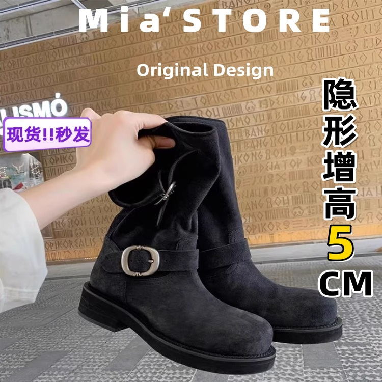 复古皮带扣圆头厚底增高马丁靴