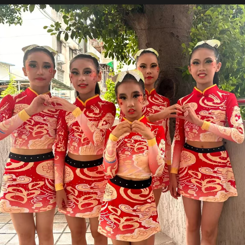 中国风啦啦队服装儿童啦啦操比赛服中小学生运动会健美操演出服装