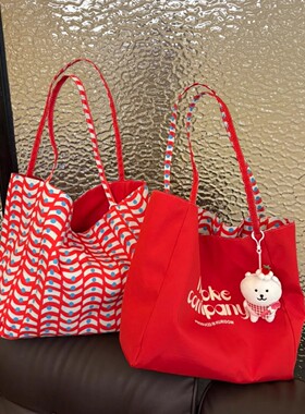 韩系红色休闲格纹帆布包包女大容量字母单肩托特包双面背通勤布袋