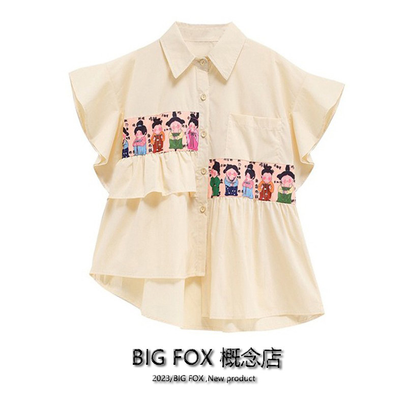 BIG FOX 홍콩 스타일 분위기 디자인 틈새 프랑스 반팔 셔츠 여성 여름 도파민 스위트 탑