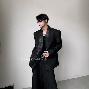 高级感廓形西服 外套男秋季 黑沧社 轻奢拼皮设计感贵气v领垫肩西装
