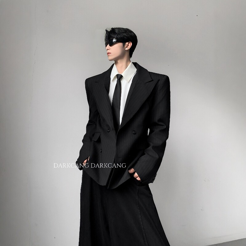 黑沧社/轻奢高智感垫肩条纹西装外套男高级感收腰廓形黑色西服