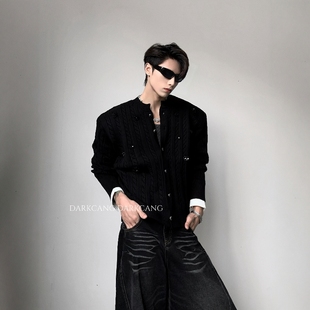 黑沧社/轻奢珠花设计感垫肩毛衣外套男冬季cleanfit无领针织开衫