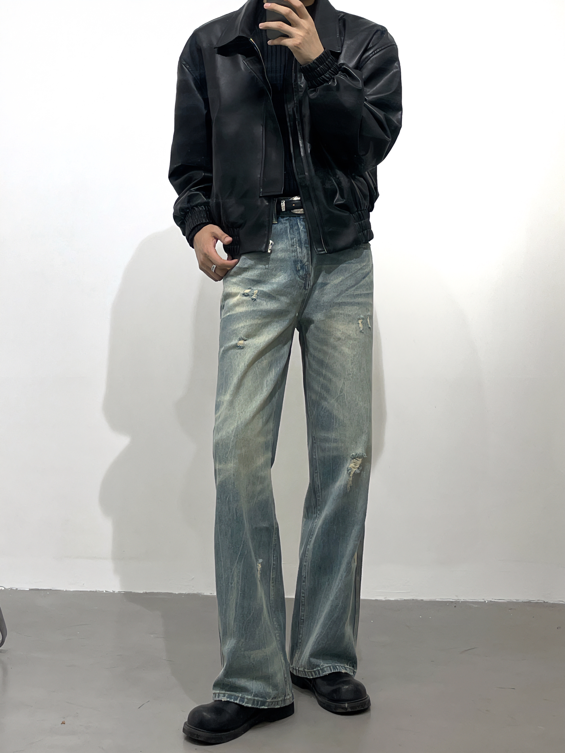 黑沧社/美式复古高街水洗牛仔裤男小众设计直筒堆积感长裤潮