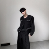 高级感夹克 饰设计感小香风无领垫肩外套男秋季 黑沧社 轻奢珍珠装