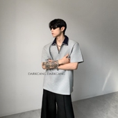 黑沧社 T恤潮 高级感假两件polo衫 轻奢半拉链设计感灰色短袖 男夏季