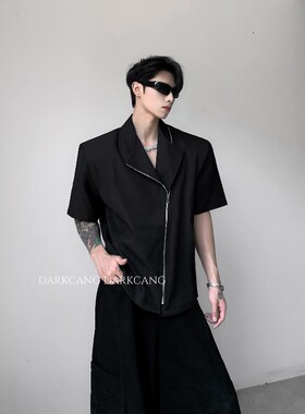 黑沧社/轻奢解构斜拉链设计感垫肩短袖外套男夏季高级感薄款夹克