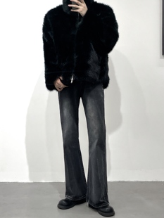 高街复古直筒牛仔裤 黑沧社 男冬季 vibe风小众设计感微喇叭裤 美式