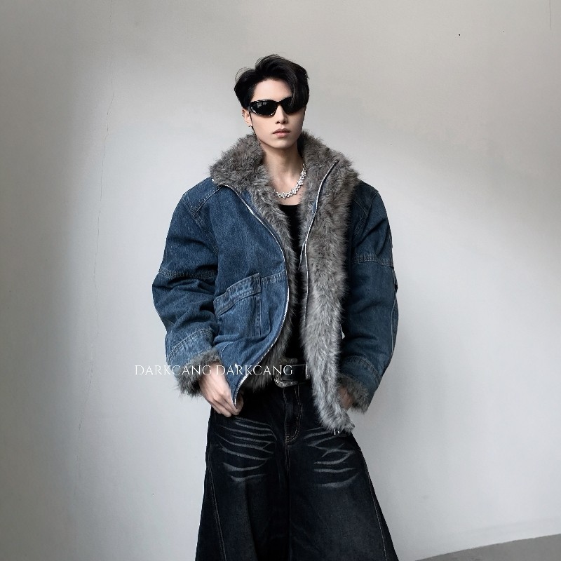 黑沧社/轻奢牛仔蓝大毛领cleanfit座山雕外套男冬季夹棉加绒棉服,男装,棉衣,淘宝优惠券,粉丝福利购,淘宝优惠卷