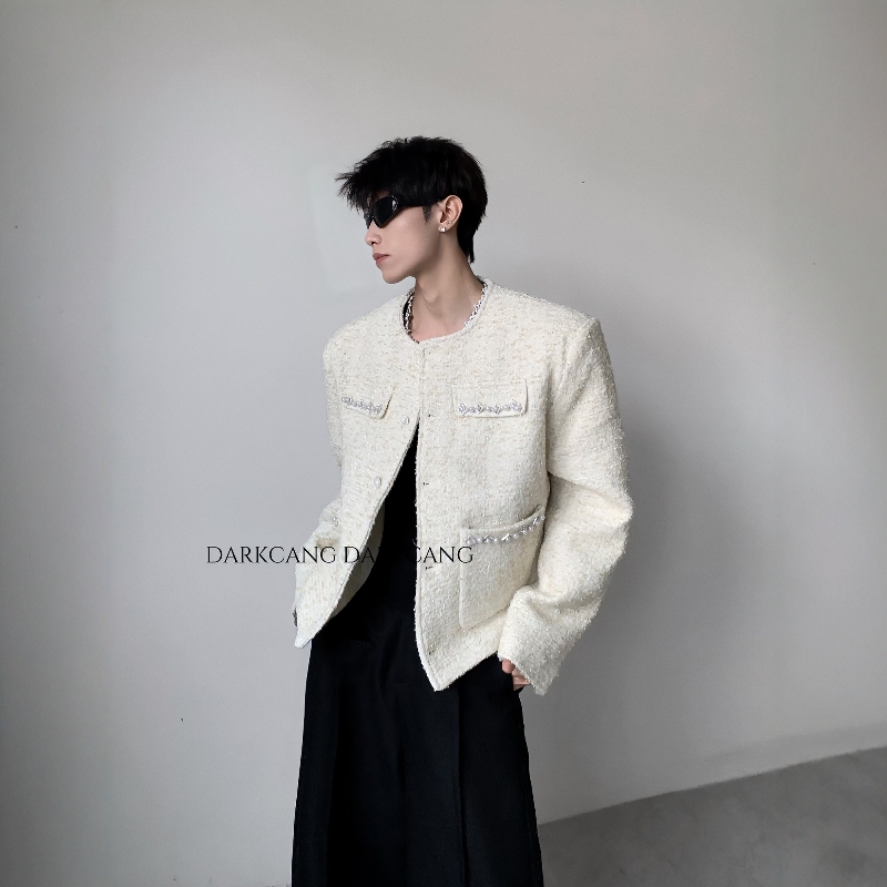 黑沧社/轻奢小香风设计感30%羊毛白色垫肩外套男高级感无领夹克潮