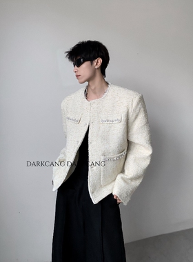 黑沧社/轻奢小香风设计感30%羊毛白色垫肩外套男高级感无领夹克潮