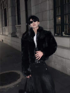 01H studios/美式重磅小众设计仿貂毛皮草外套男加厚毛绒短款夹克