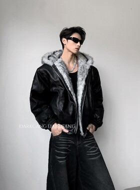 黑沧社/轻奢皮毛一体狼王座山雕外套男冬季夹棉cleanfit皮棉服潮