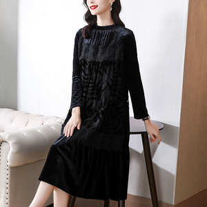 RM3128#金丝绒连衣裙 新款拼接蕾丝时尚女装优雅气质小黑裙