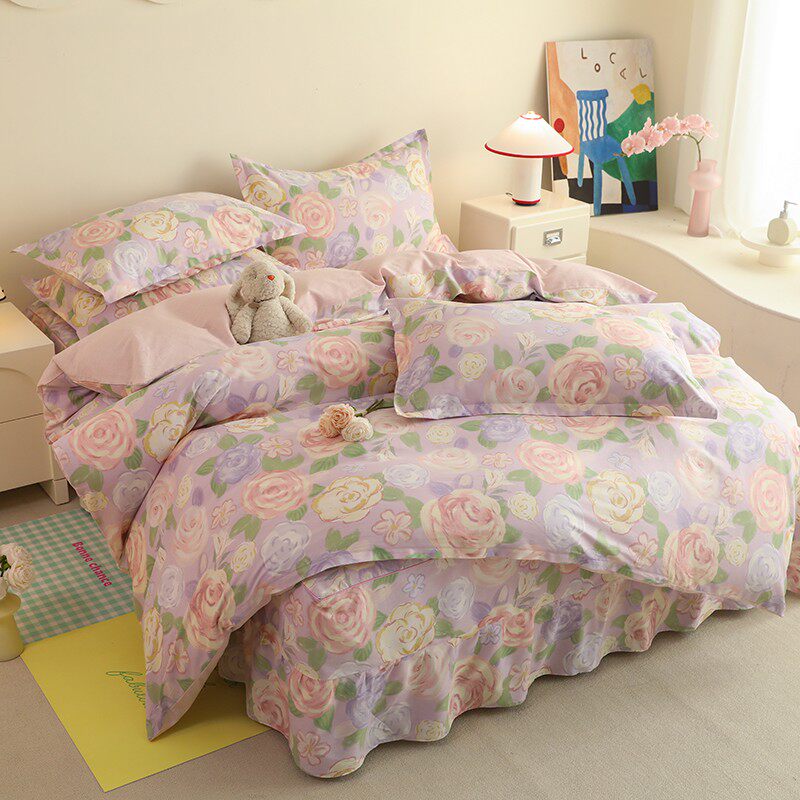 韩版纯棉床裙四件套全棉卡通被套床罩床套式1.5/1.8/2米床上用品