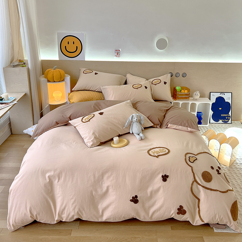 100纯棉水洗棉床单四件套可爱防滑床笠4件套卡通儿童纯色被套裸睡