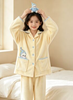 女童睡衣秋冬款珊瑚绒套装儿童女孩海岛绒小猫加厚冬季休息服冬季