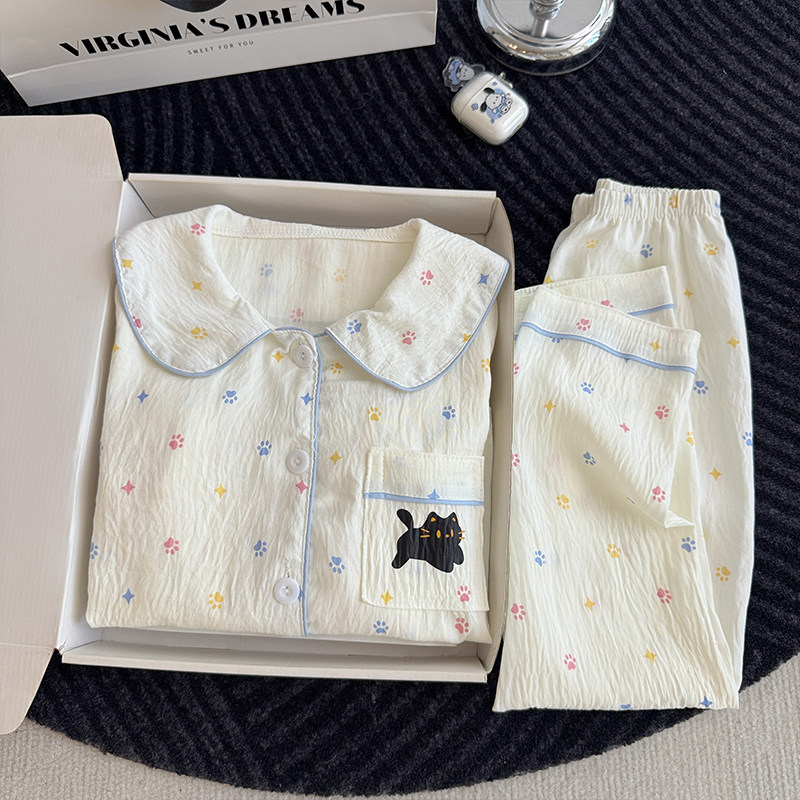 春秋季长袖云朵棉卡通图案冬季可爱猫冬天空调服休闲儿童睡衣女孩