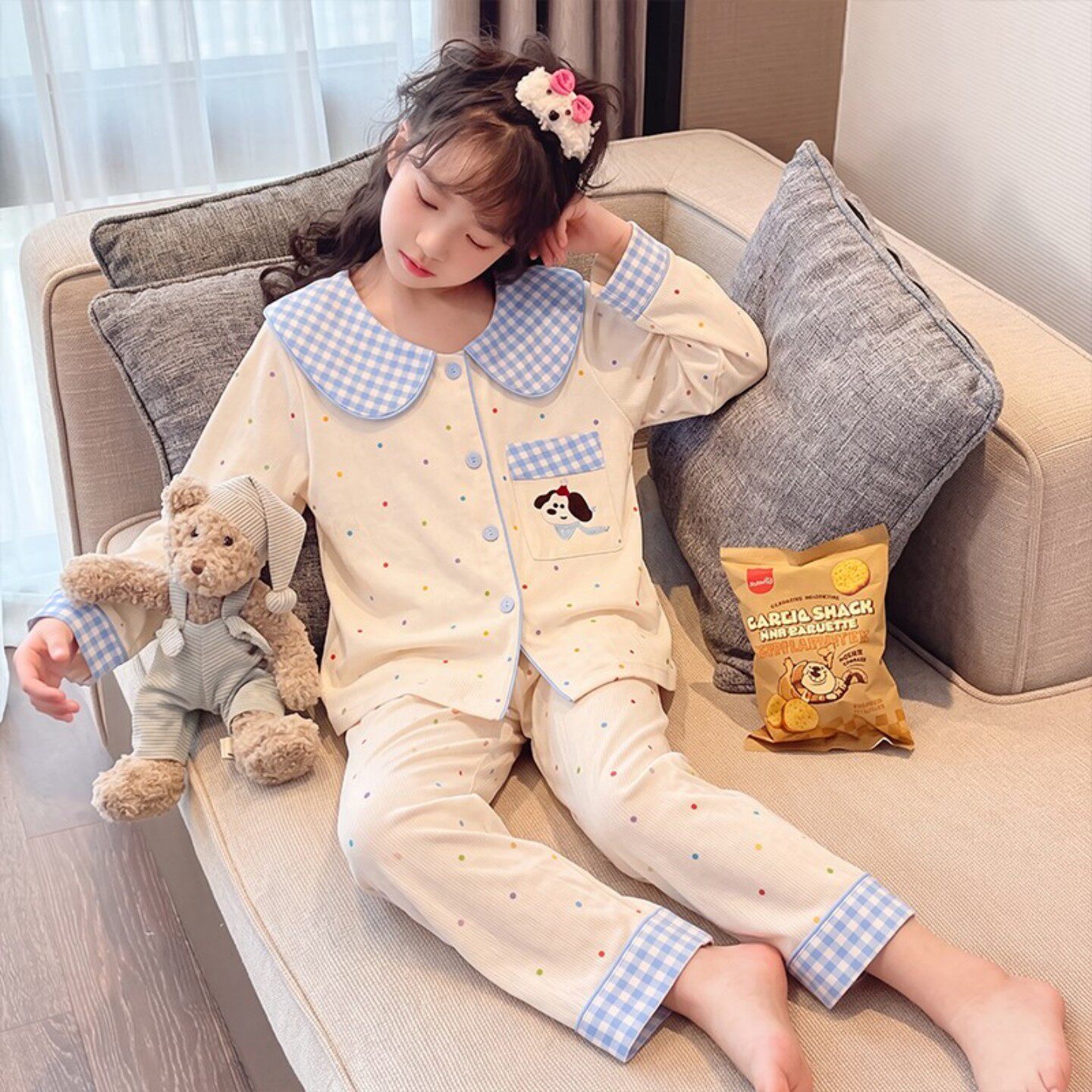 女孩春秋季长袖云朵棉高中生冬天小草莓空调服一年级十六儿童睡衣