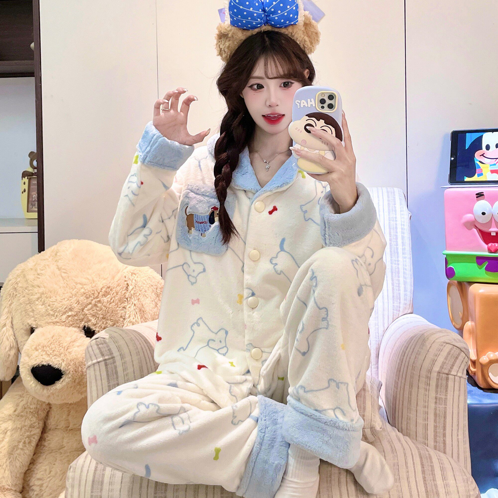 女童睡衣冬装十三周岁可爱熊秋冬款秋冬款开衫绒冬季加厚套装中童