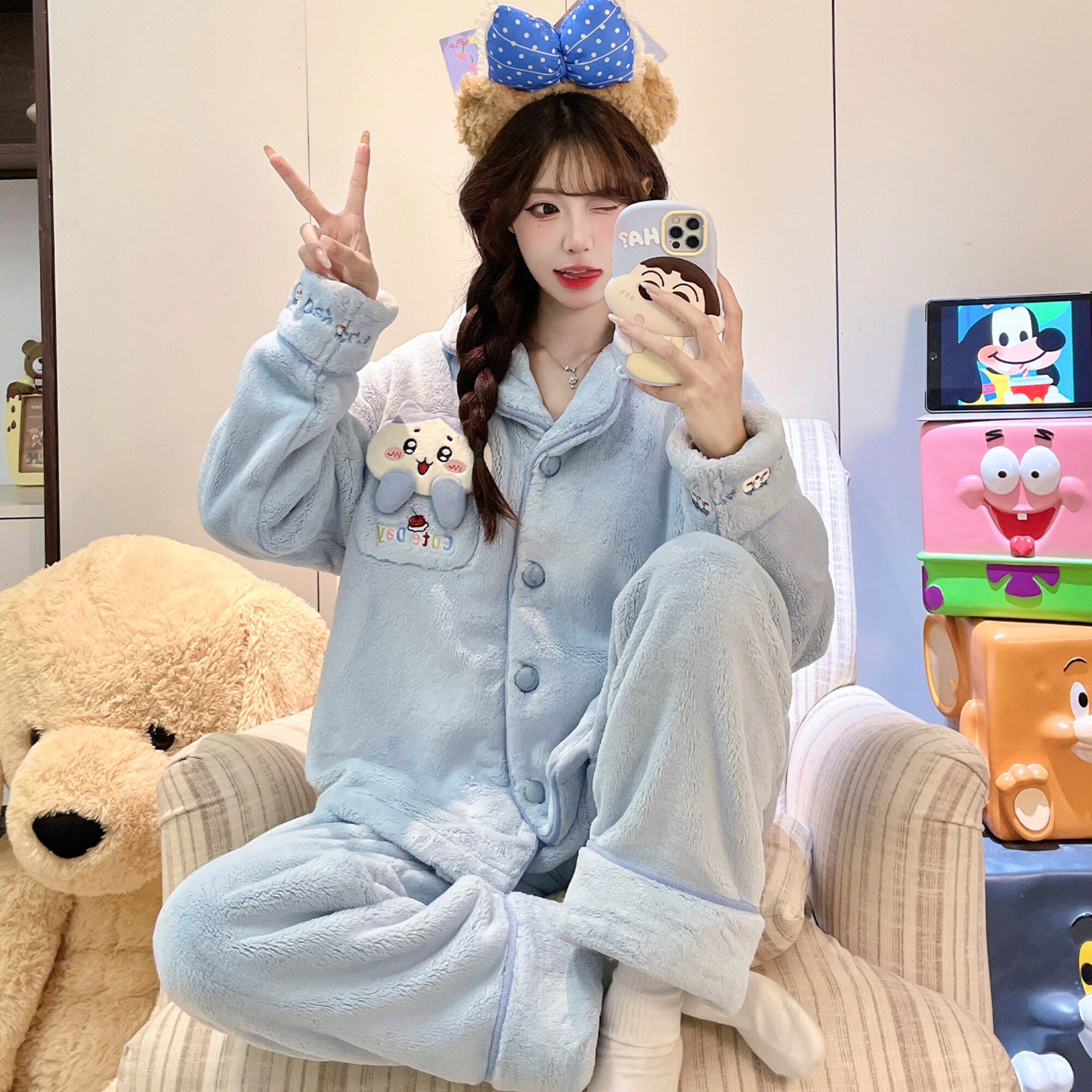 女童睡衣大孩子可爱款衣服开衫绒套装加厚秋冬款湖蓝色秋冬款冬季