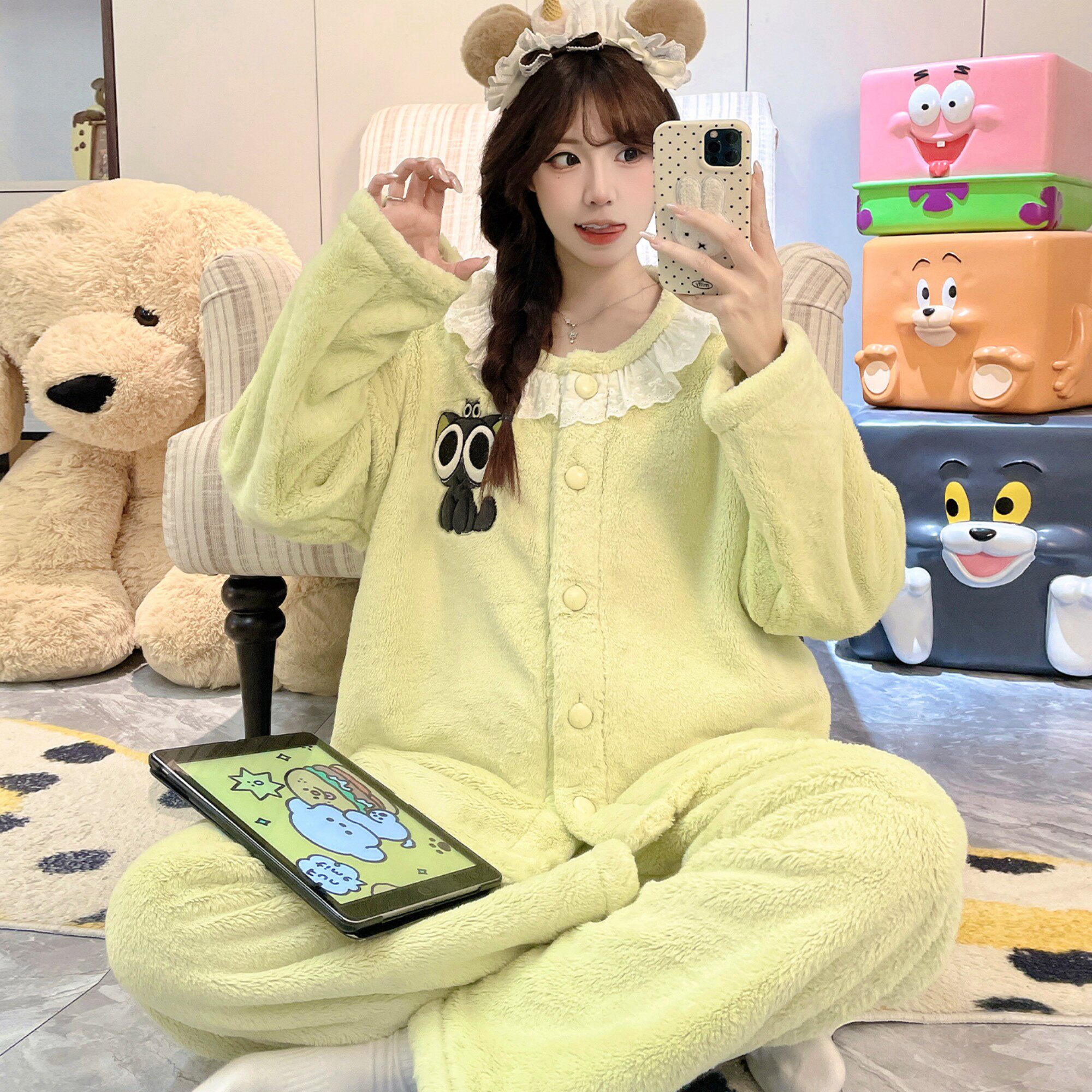 女童睡衣套装加厚湖蓝色秋冬款冬季秋冬款开衫绒姐妹五岁十一周岁